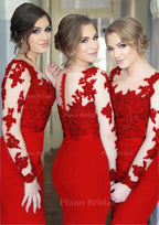 Sheath Column Scoop Neck Full Long Sleeve Long Floor Length Elastic Satin Bridesmaid Dresses With Appliqued