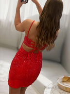 Sheath/Column Spaghetti Straps Short/Mini Homecoming Dresses With Leg Slit