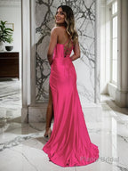 Sheath/Column Spaghetti Straps Sweep Train Elastic Woven Satin Prom Dresses With Leg Slit