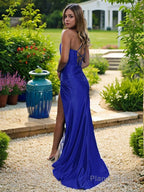 Sheath/Column Spaghetti Straps Sweep Train Elastic Woven Satin Prom Dresses With Leg Slit