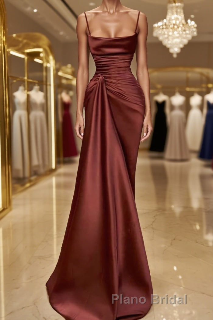 Sheath/Column Spaghetti Straps Floor-Length Elastic Woven Satin Formal Prom Dresses With Ruffles