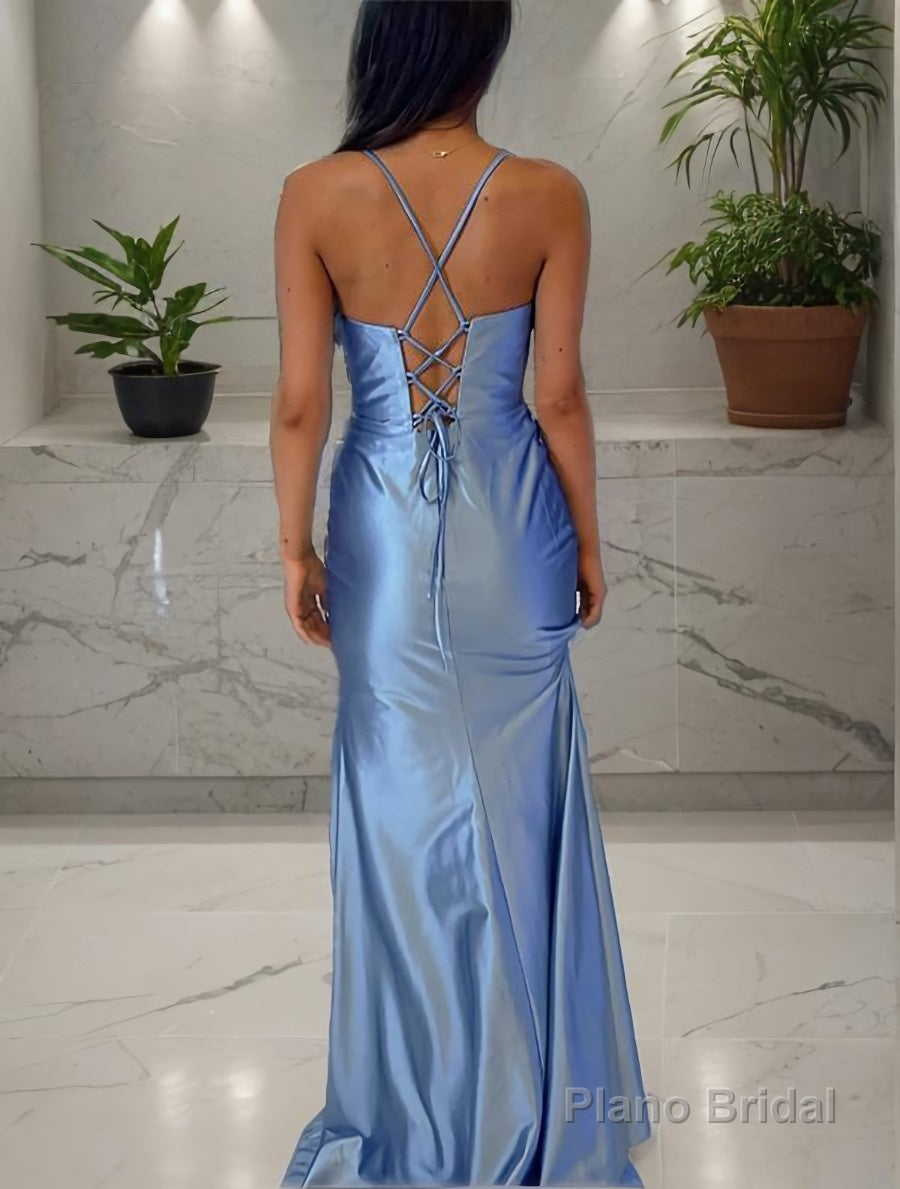 Sheath/Column Spaghetti Straps Sweep Train Silk like Satin Prom Dresses With Leg Slit Secondary image