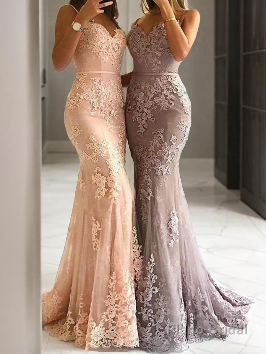 Sheath/Column Spaghetti Straps Sweep Train Tulle Evening Dresses With Appliques Lace Main image