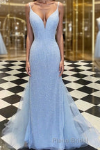 Sheath/Column Spaghetti Straps Sweep Train Tulle Evening Dresses With Sequin