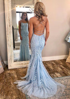 Sheath/Column Square Neckline Sleeveless Court Train Lace Prom Dresses With Appliqued