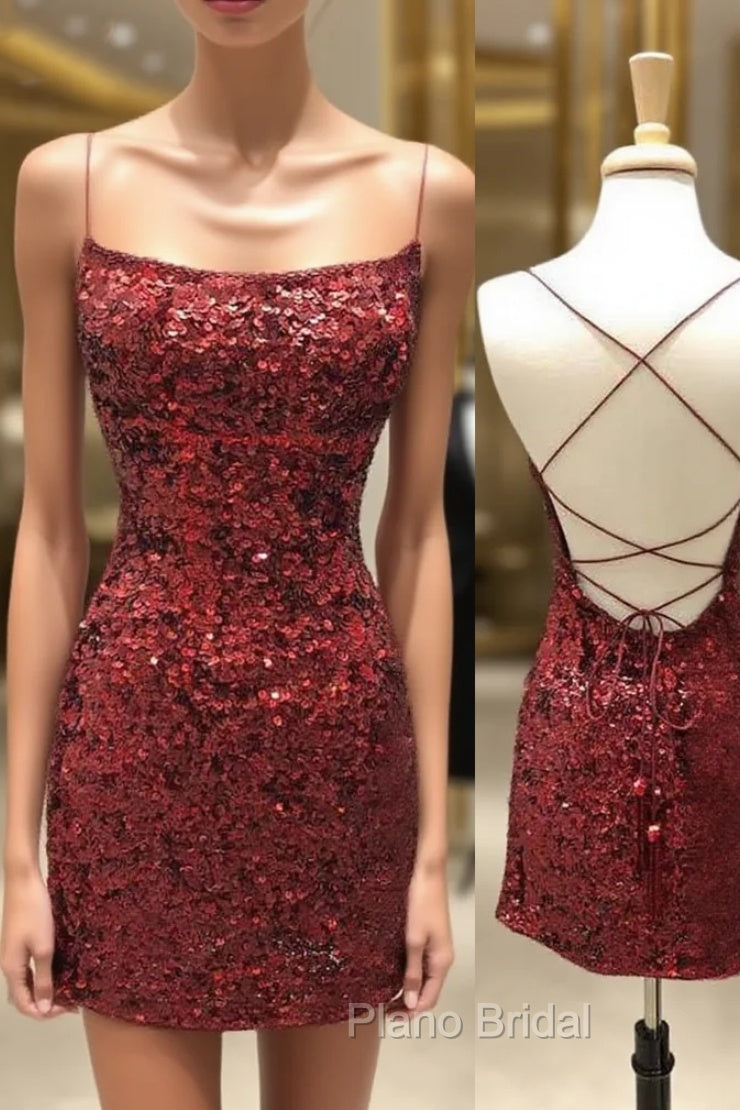 Sheath/Column Square Neckline Sleeveless Short/Mini Velvet Sequins Homecoming Dresses Main image