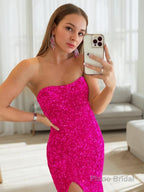 Sheath/Column Strapless Sweep Train Evening Dresses With Leg Slit