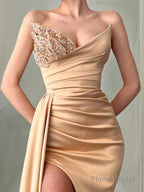 Sheath/Column Sweetheart Court Train Elastic Woven Satin Prom Dresses With Leg Slit