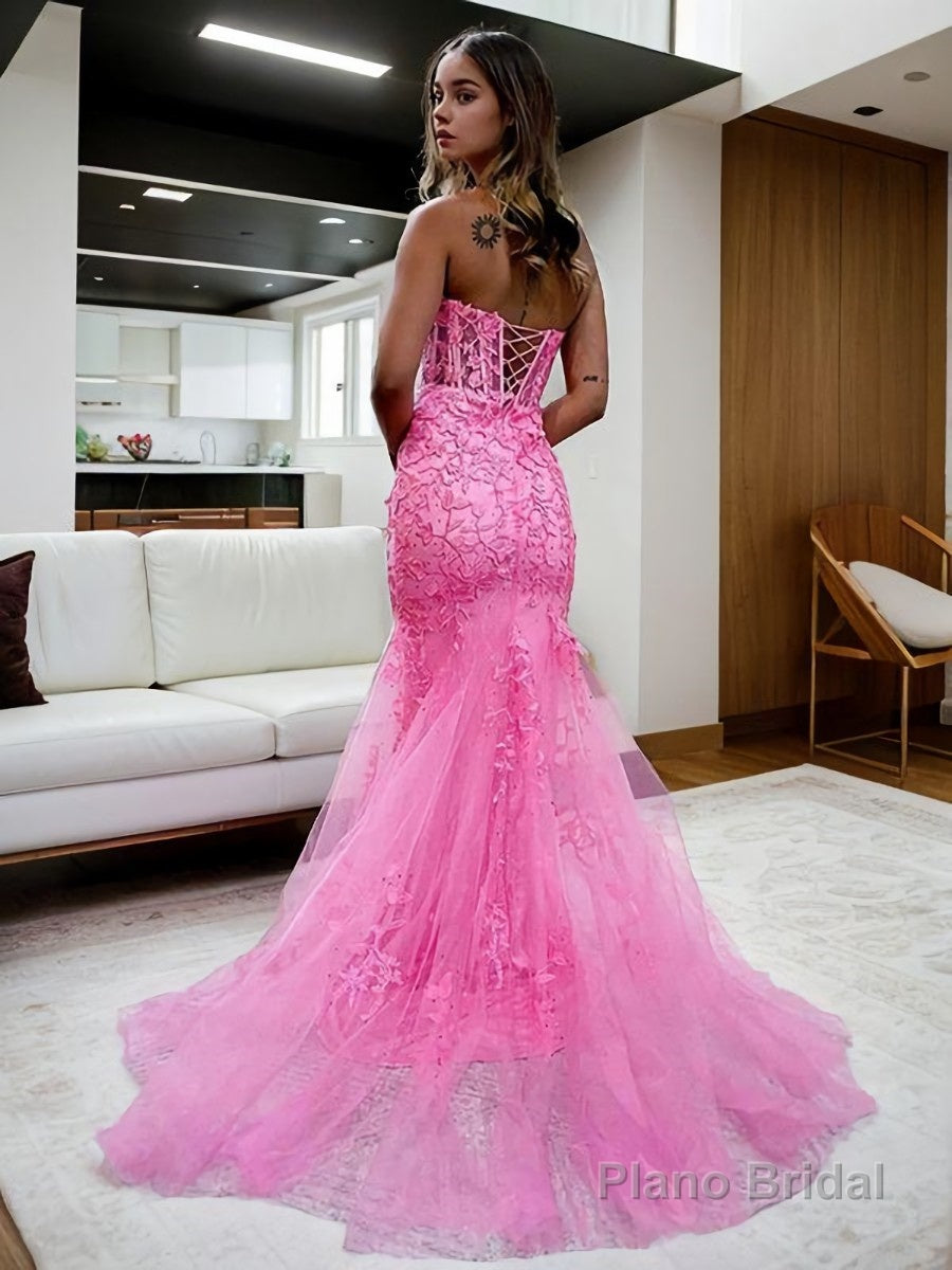 Sheath/Column Sweetheart Court Train Tulle Prom Dresses With Appliques Lace