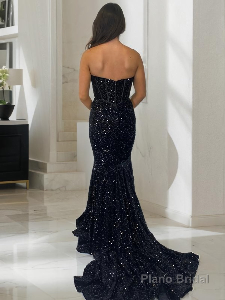 Sheath/Column Sweetheart Court Train Velvet Sequins Prom Dresses With Ruffles
