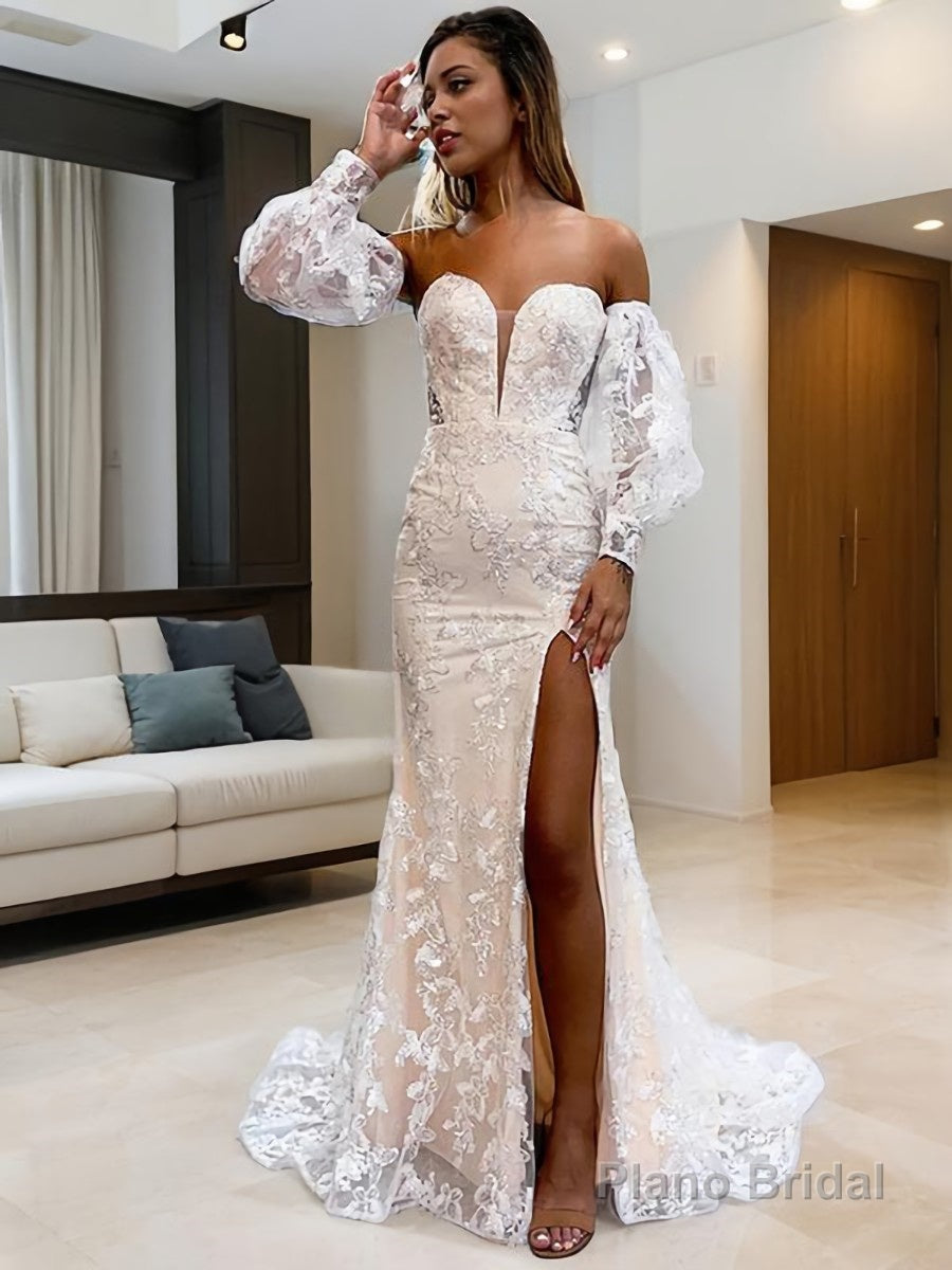 Sheath/Column Sweetheart Sweep Train Lace Prom Dresses With Leg Slit Secondary image