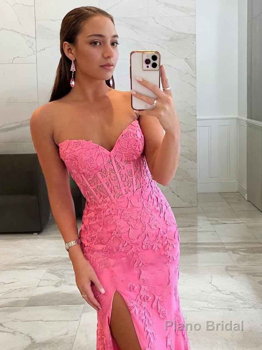 Sheath/Column Sweetheart Sweep Train Tulle Prom Dresses With Leg Slit