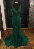 Sheath/Column Trumpet/Mermaid V Neck Sleeveless Velvet Sequins Sweep Train Prom Dresses