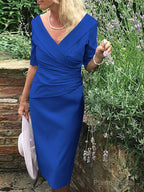 Sheath/Column V-neck Knee-Length Satin Mother of the Bride Dresses With Ruffles