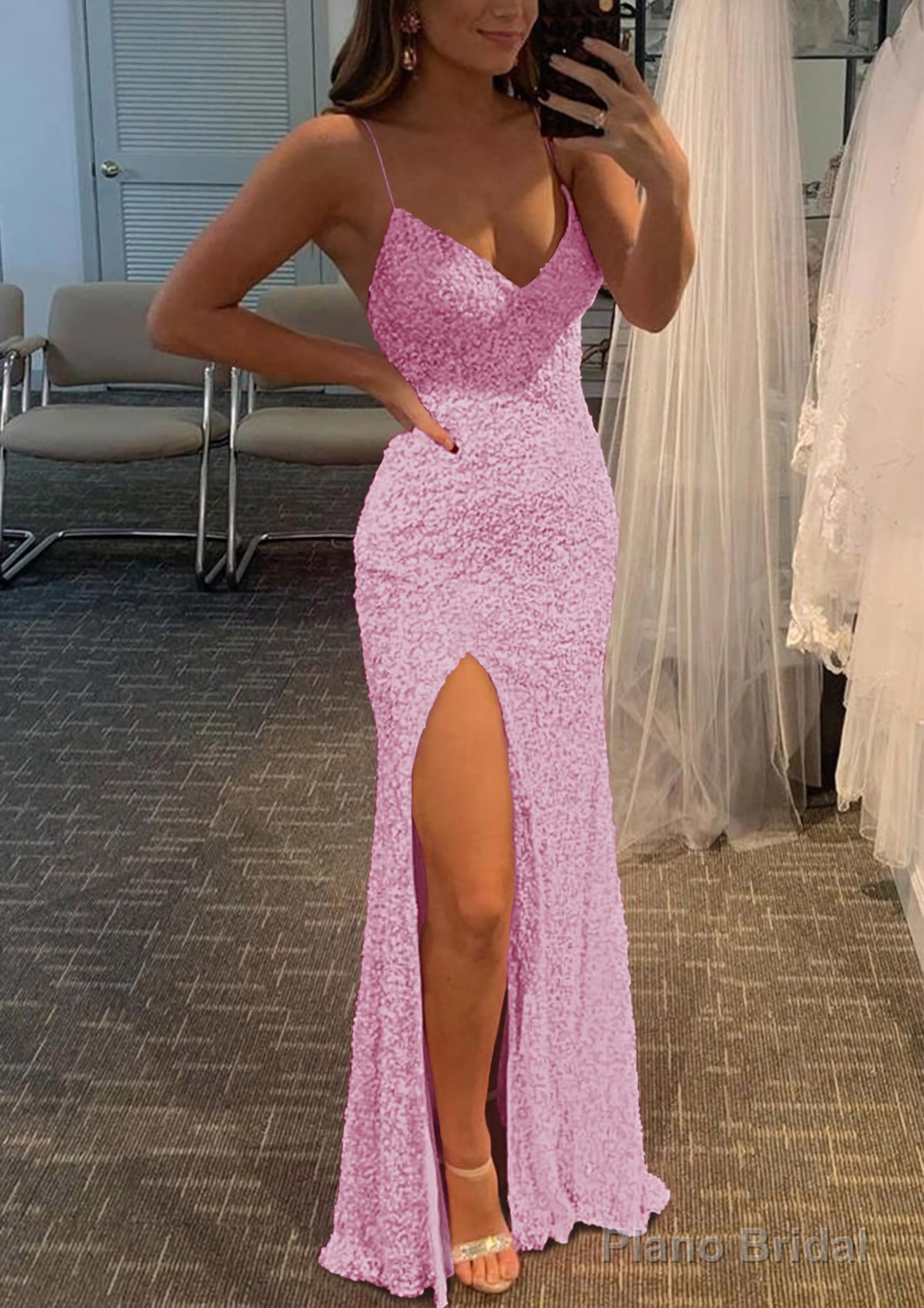 Sheath/Column V Neck Spaghetti Straps Long/Floor-Length Velvet Sequins Prom Dresses With Split Main image