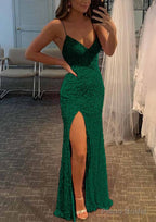 Sheath/Column V Neck Spaghetti Straps Long/Floor-Length Velvet Sequins Prom Dresses With Split