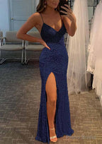 Sheath/Column V Neck Spaghetti Straps Long/Floor-Length Velvet Sequins Prom Dresses With Split