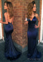 Sheath/Column V Neck Spaghetti Straps Sweep Train Charmeuse Prom Dresses