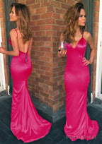 Sheath/Column V Neck Spaghetti Straps Sweep Train Charmeuse Prom Dresses