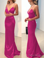 Sheath/Column V-neck Sweep Train Elastic Woven Satin Prom Dresses