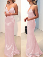Sheath/Column V-neck Sweep Train Elastic Woven Satin Prom Dresses