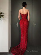 Sheath/Column V-neck Sweep Train Evening Dresses With Leg Slit