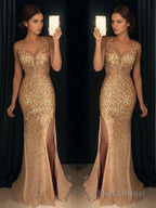Sheath/Column V-neck Sweep Train Jersey Evening Dresses With Leg Slit