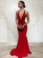 Sheath/Column V-neck Sweep Train Jersey Prom Dresses With Ruffles