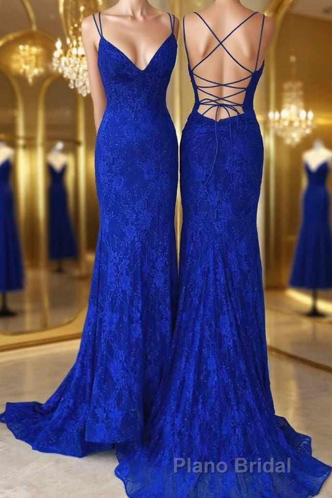 Sheath/Column V-neck Sweep Train Lace Formal Prom Dresses