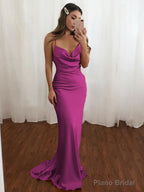 Sheath/Column V-neck Sweep Train NS Elastic Woven Satin Prom Dresses