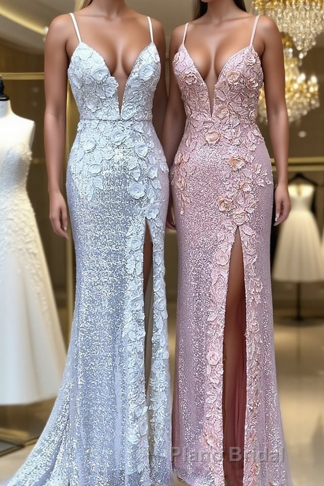 Sheath/Column V-neck Sweep Train Sequins Formal Prom Dresses With Leg Slit