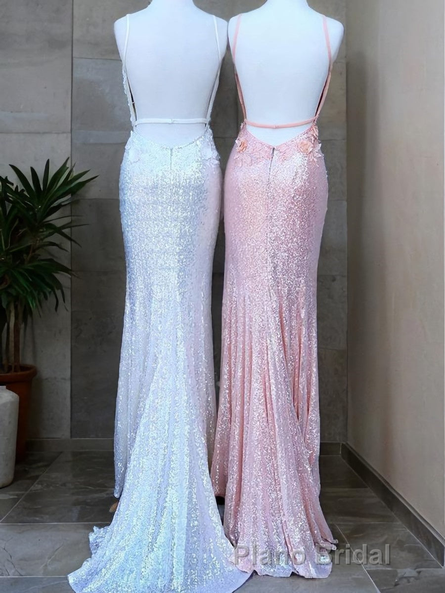 Sheath/Column V-neck Sweep Train Sequins Formal Prom Dresses With Leg Slit