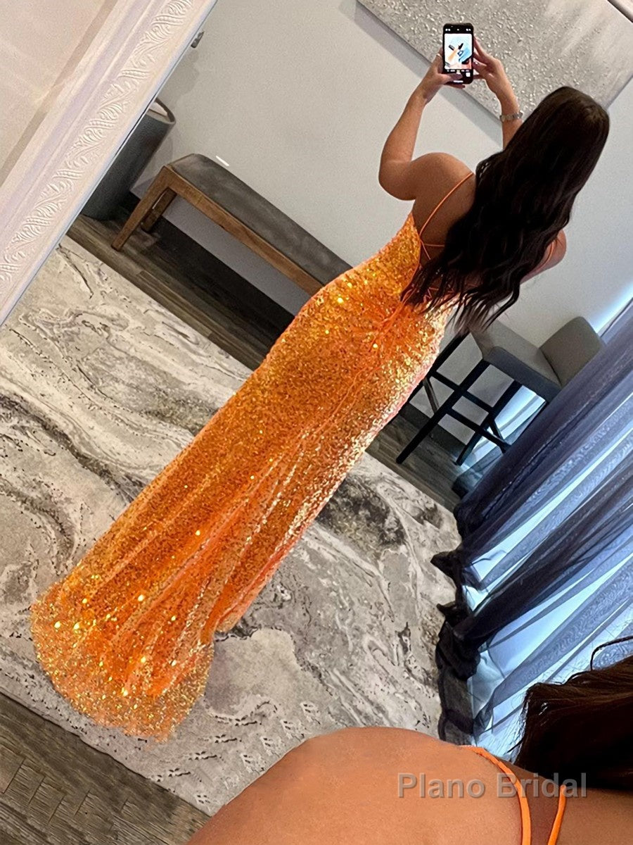 Sheath/Column V-neck Sweep Train Sequins Prom Dresses With Leg Slit Secondary image