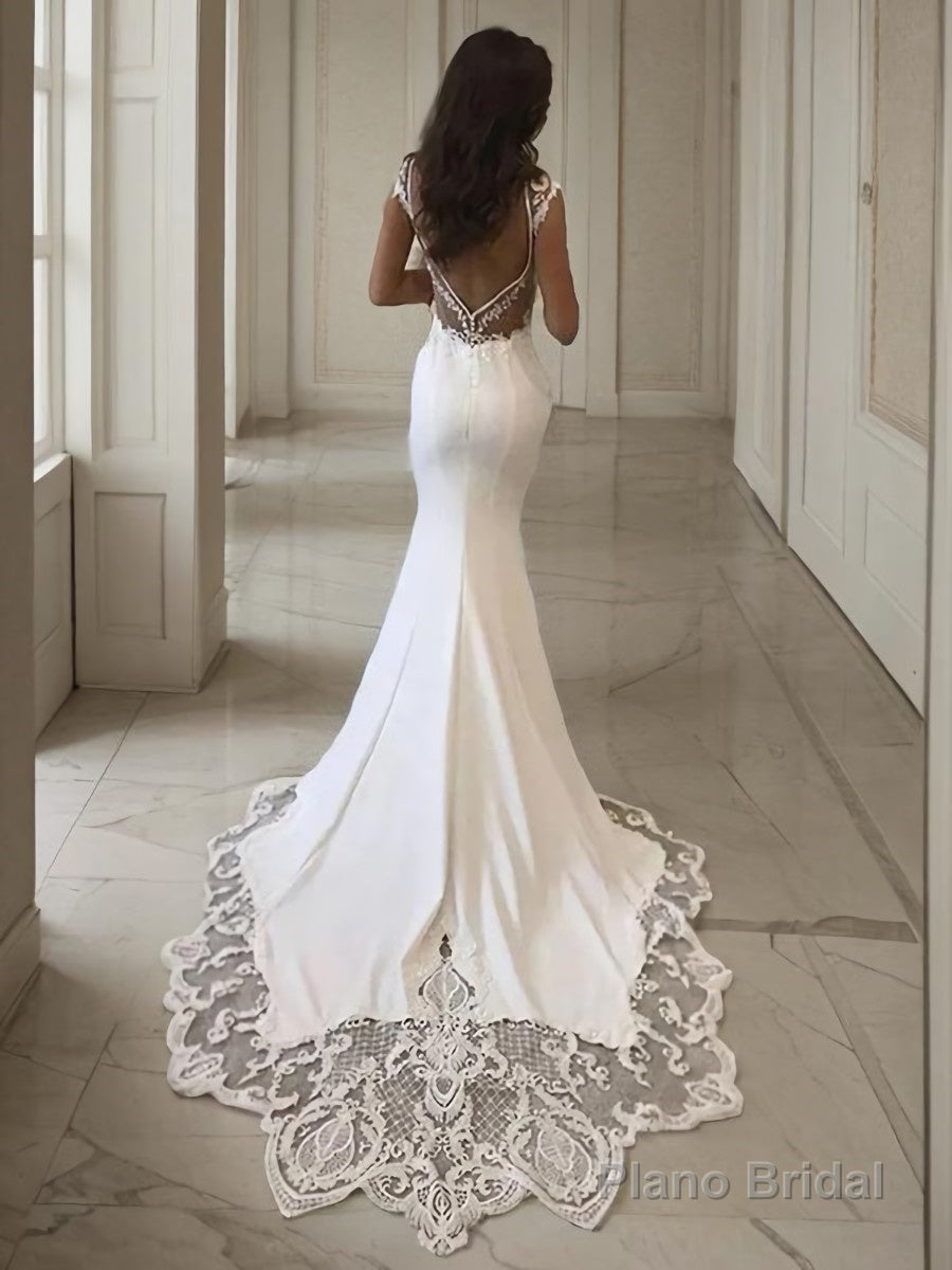 Sheath/Column V-neck Sweep Train Stretch Crepe Wedding Dresses Main image