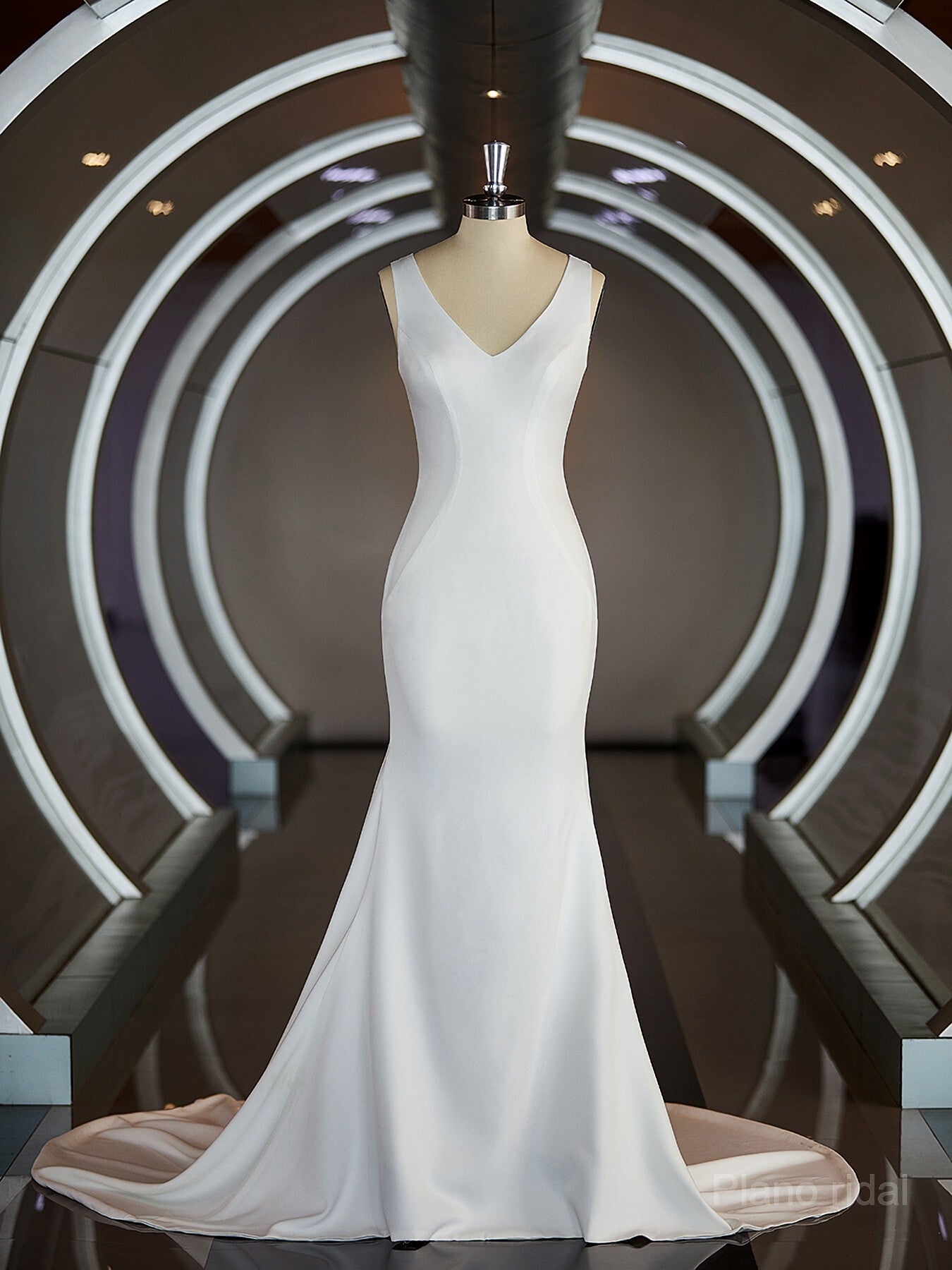 Sheath/Column V-neck Sweep Train Stretch Crepe Wedding Dresses with Ruffles Main image