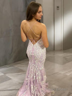 Sheath/Column V-neck Sweep Train Tulle Prom Dresses With Leg Slit