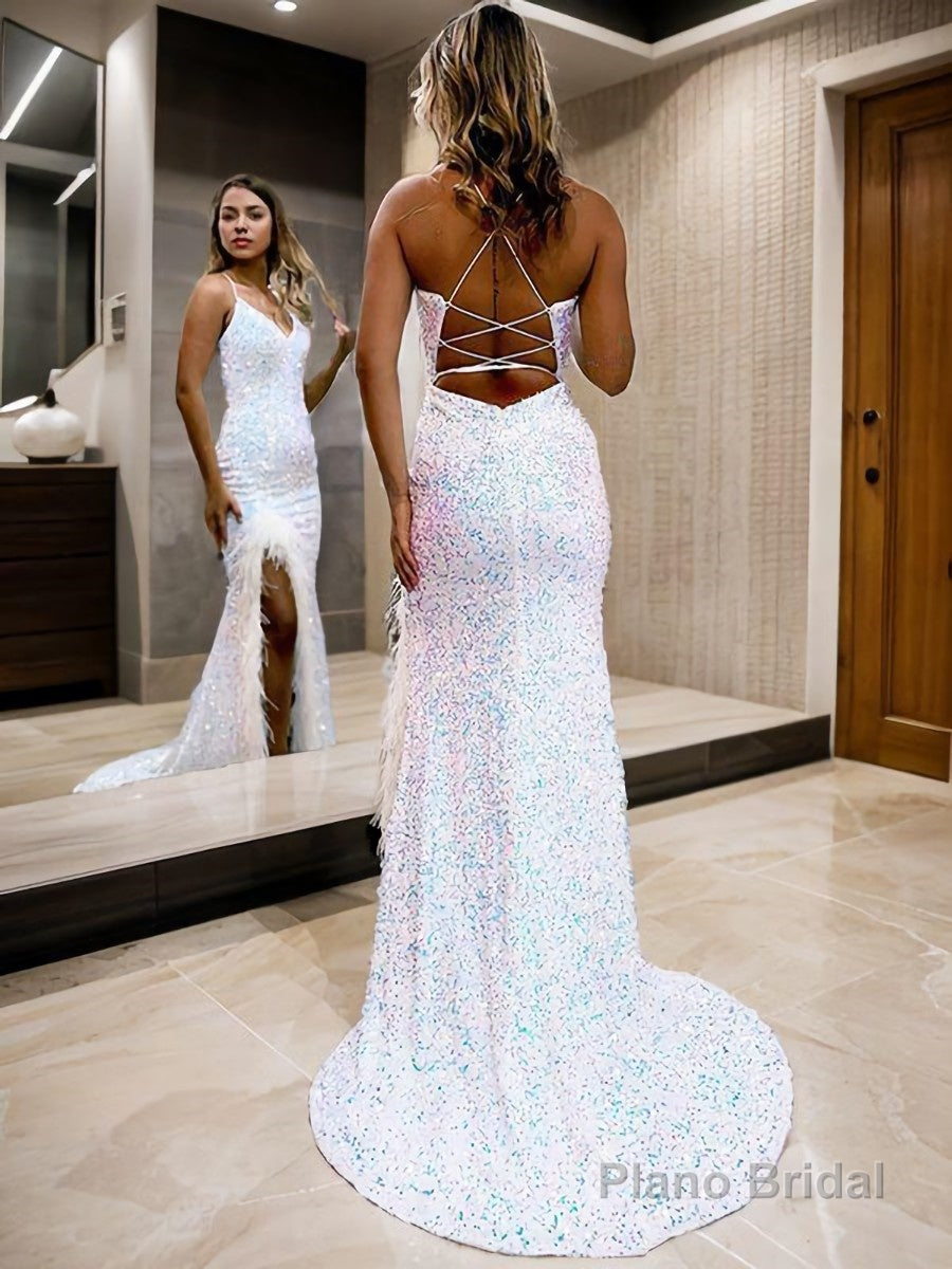 Sheath/Column V-neck Sweep Train Velvet Sequins Prom Dresses With Leg Slit