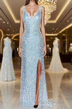 Sheath/Column V-neck Sweep Train Velvet Sequins Formal Prom Dresses With Leg Slit