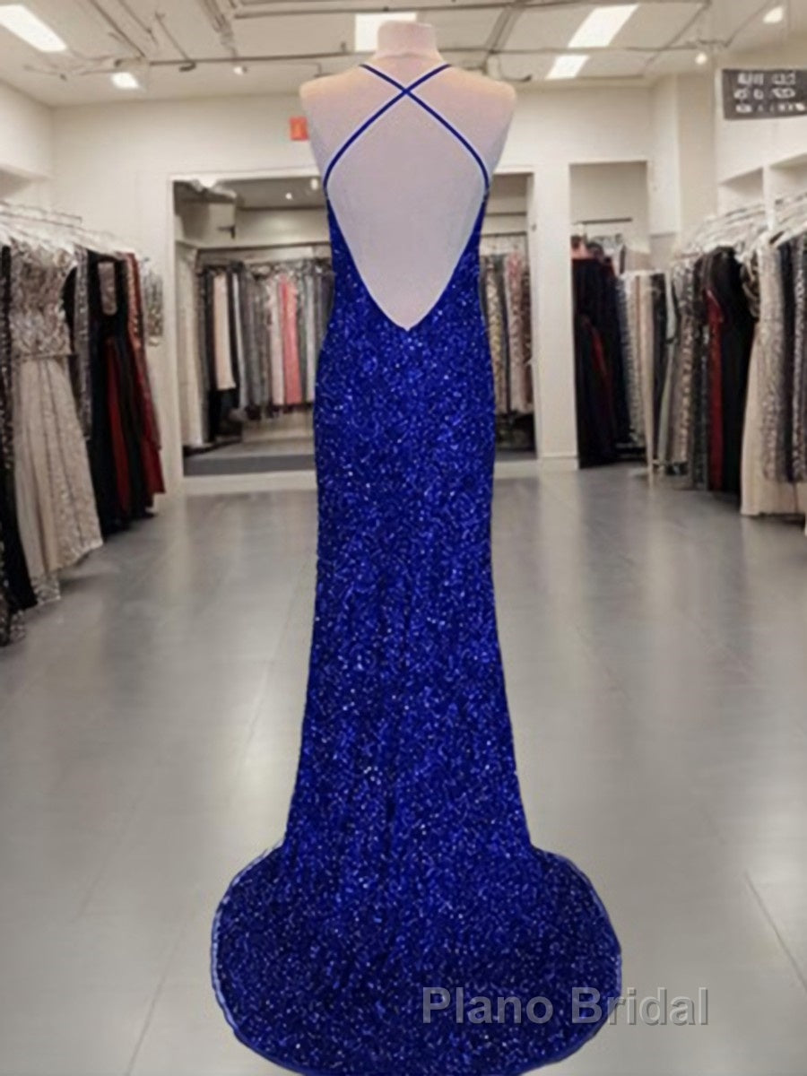 Sheath/Column V-neck Sweep Train Velvet Sequins Formal Prom Dresses With Leg Slit Secondary image