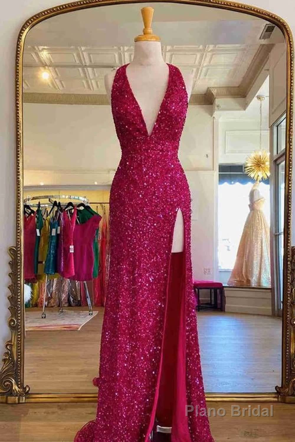 Sheath Deep V Neck Green Sequins Long Prom Dress with Split Front