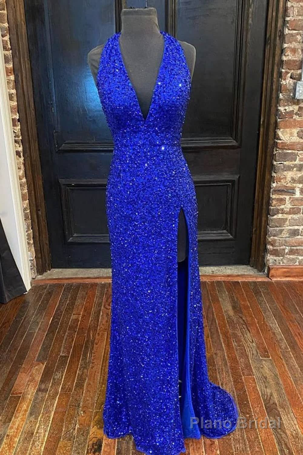 Sheath Deep V Neck Green Sequins Long Prom Dress with Split Front