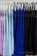 Sheath Halter Lace Tulle Formal Prom Dresses with Appliques