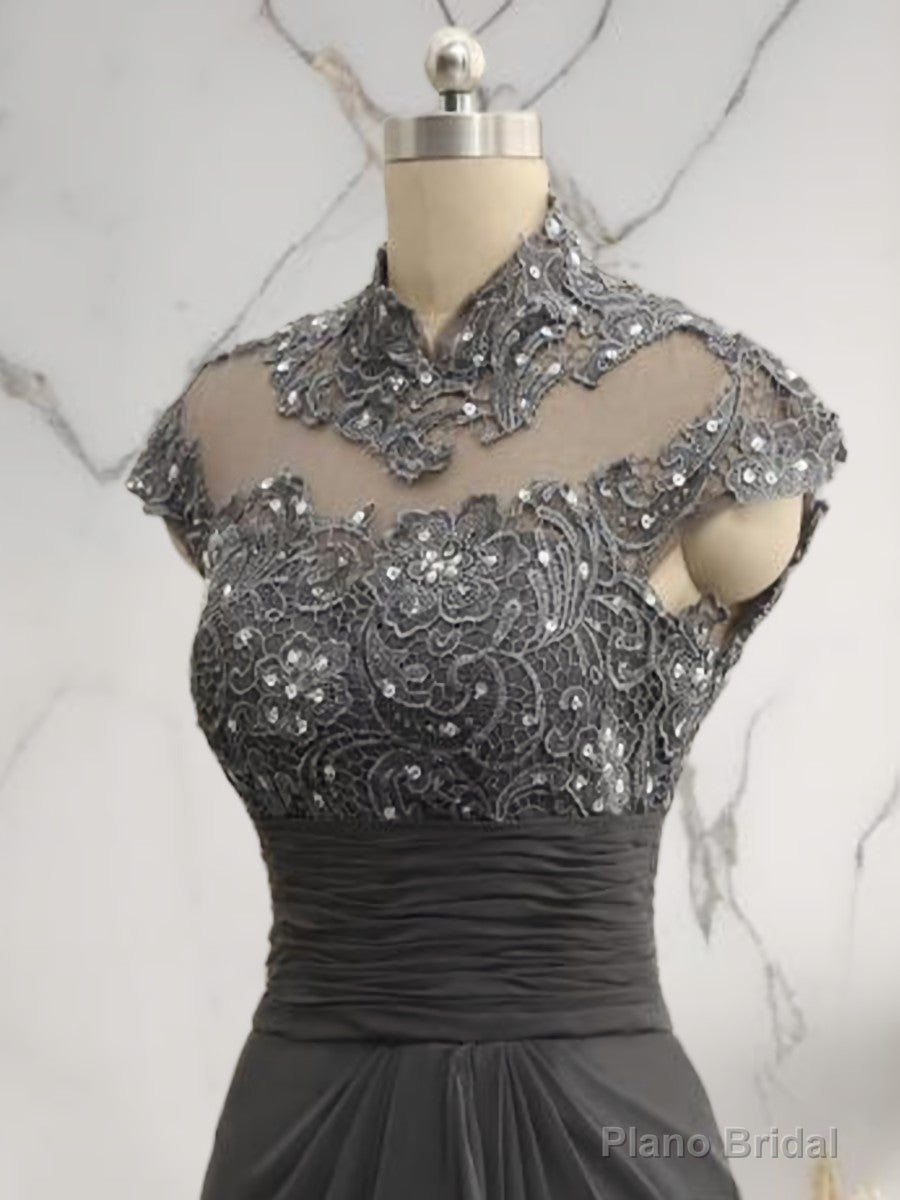 Sheath High Neck Short Sleeves Ruffles Sweep Train Chiffon Mother of the Bride Dress