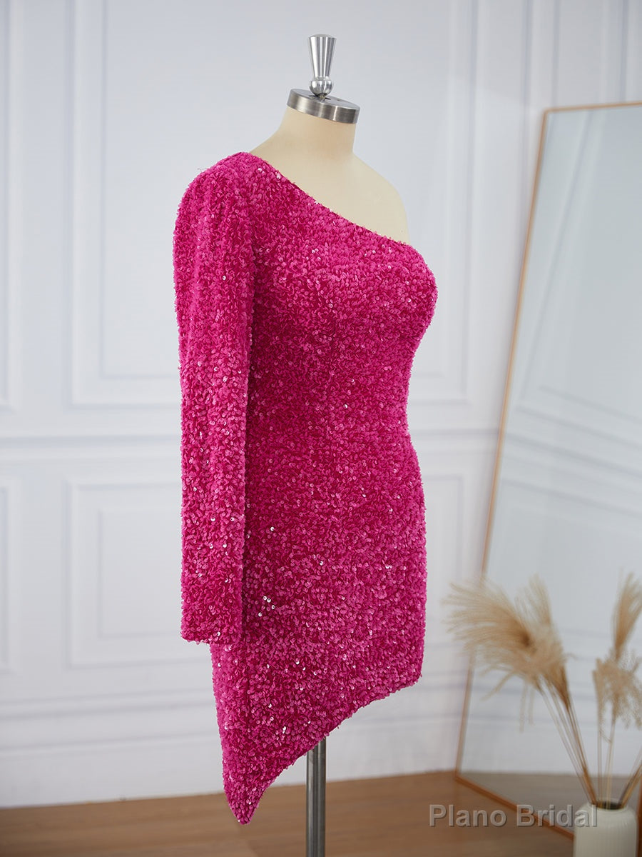 Sheath Long Sleeves Velvet Sequins One-Shoulder Short/Mini Dress Main image