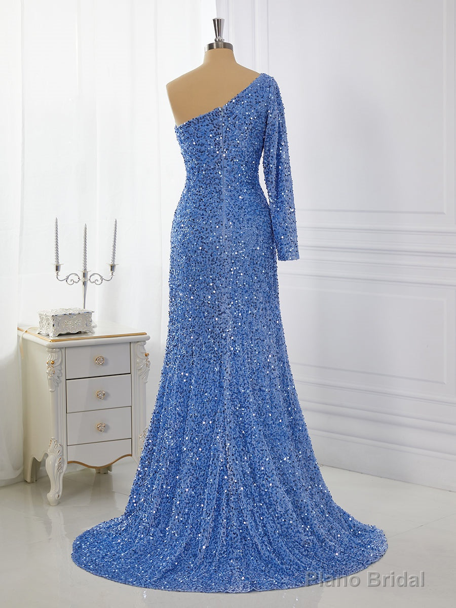 Sheath Long Sleeves Velvet Sequins One-Shoulder Sweep Train Dress Secondary image