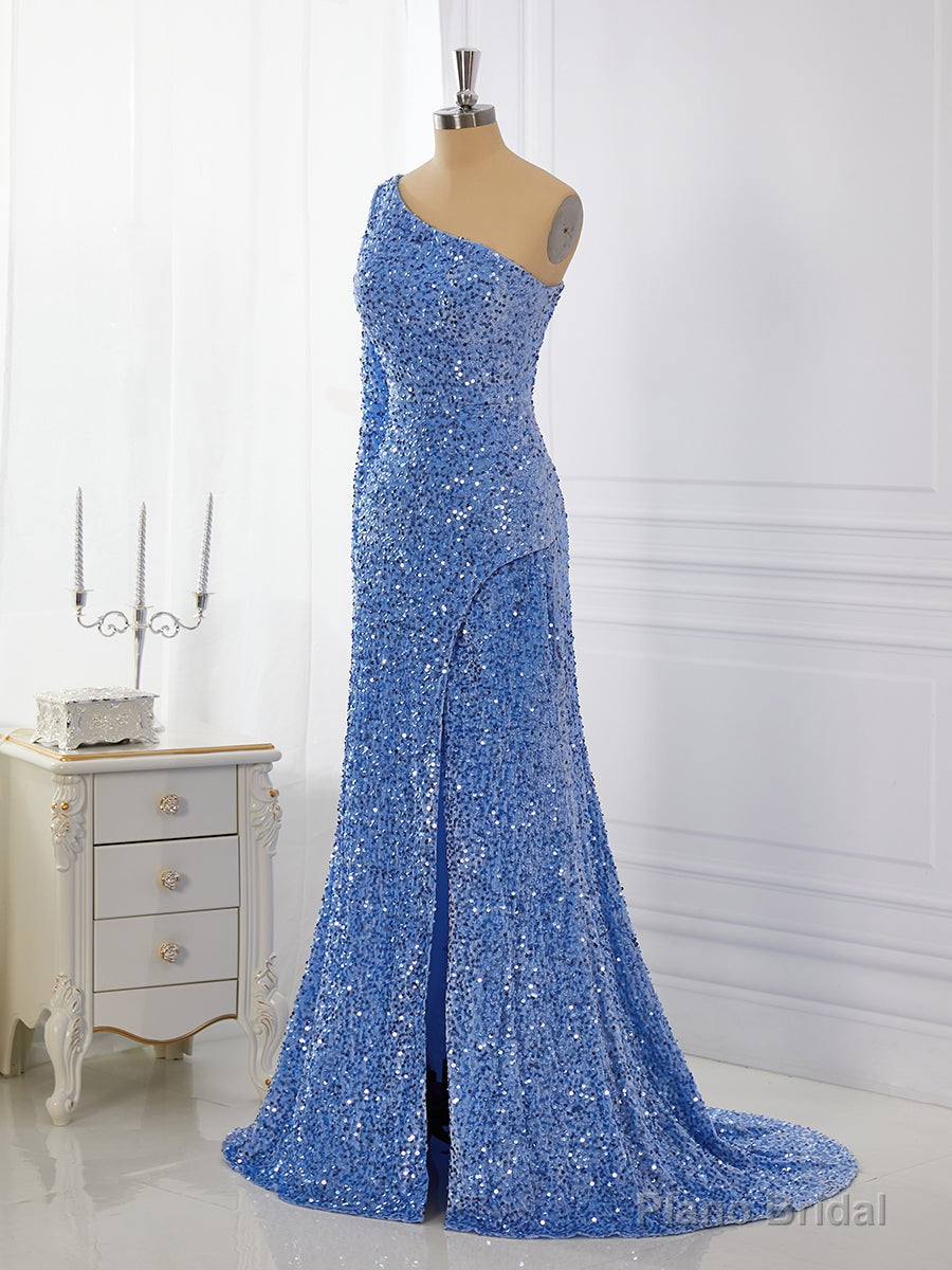 Sheath Long Sleeves Velvet Sequins One-Shoulder Sweep Train Dress Main image