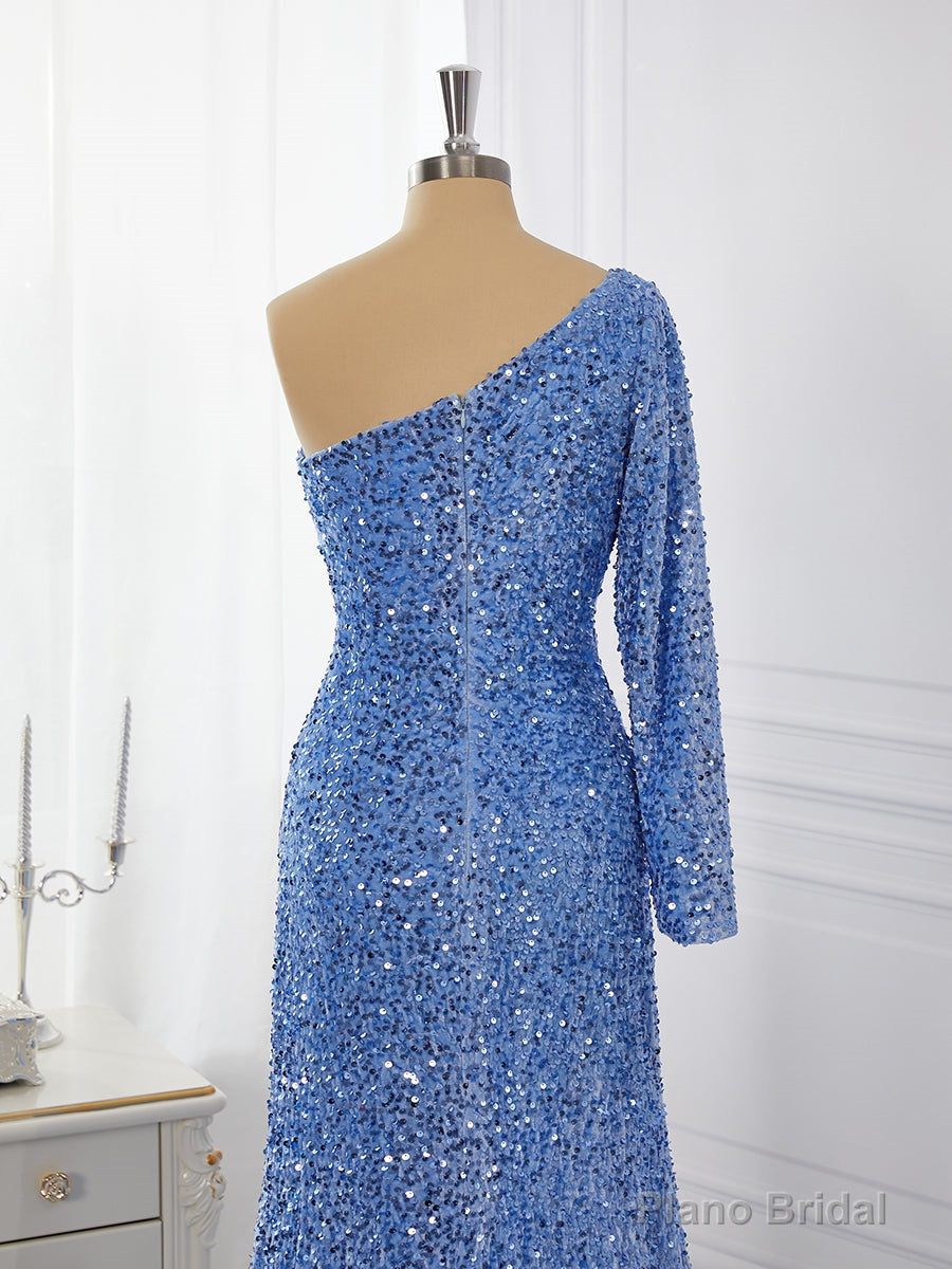 Sheath Long Sleeves Velvet Sequins One-Shoulder Sweep Train Dress