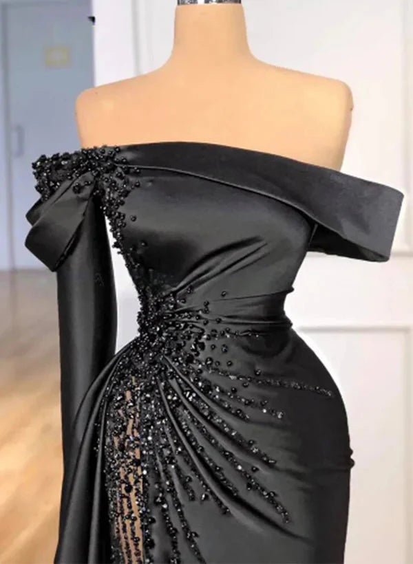 Sheath Off-The-Shoulder Long Sleeves Satin/Sequined Formal Prom Dresses Secondary image