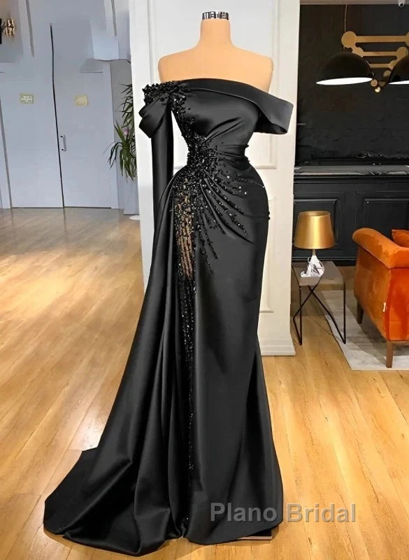 Sheath Off-The-Shoulder Long Sleeves Satin/Sequined Formal Prom Dresses