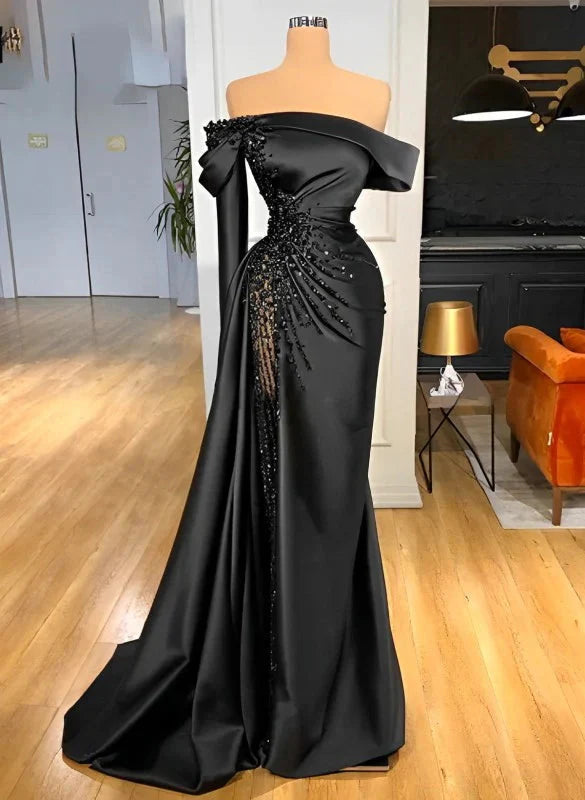Sheath Off-The-Shoulder Long Sleeves Satin/Sequined Formal Prom Dresses Main image